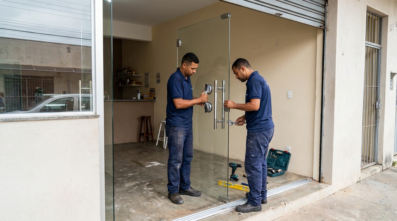 Dupla instalando porta de vidro em loja em São Bernardo do Campo-SP